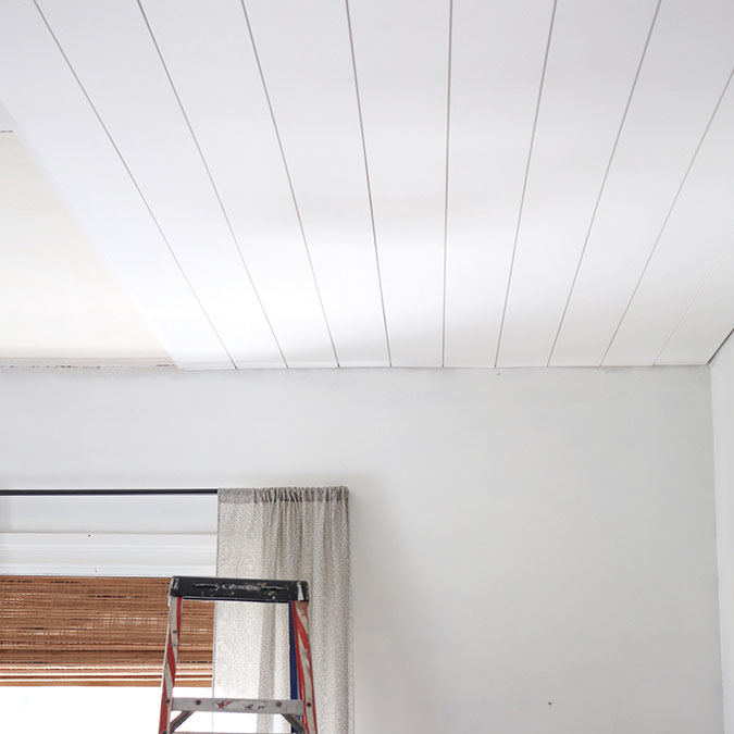 ceiling with PVC trim planks assembled to resemble shiplap